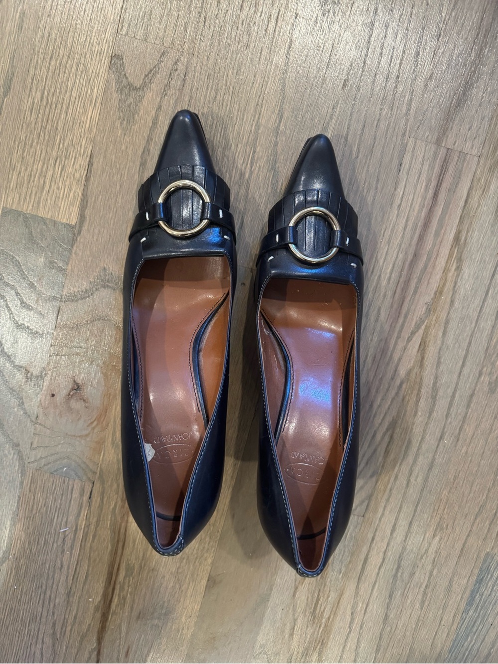 Women's Black Pointed Leather Loafers with Gold Ring Accent